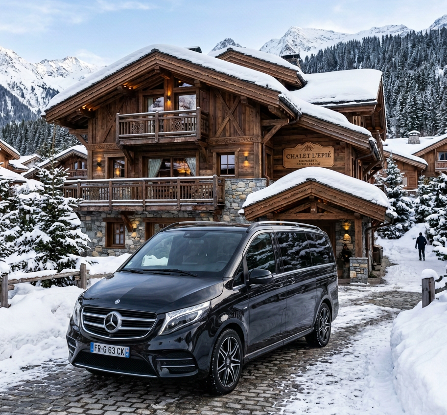 Black Mercedes-Benz G-Class SUV parked on a snowy driveway in front of a wooden alpine chalet. Chauffeur service in Courchevel